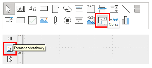 Zrzut ekranu przedstawia blok zawierający etykiety formularza.  Czerwonym prostokątem zaznaczono ikonę zawierającą monitor i obraz z górą i słońcem.  Po najechaniu na nią kursorem myszy pojawił się blok s napisem: Obraz.  Poniżej znajduje się ikona z górą i słońcem, po najechaniu na którą pojawił się blok z wpisem: Formant obrazkowy. 