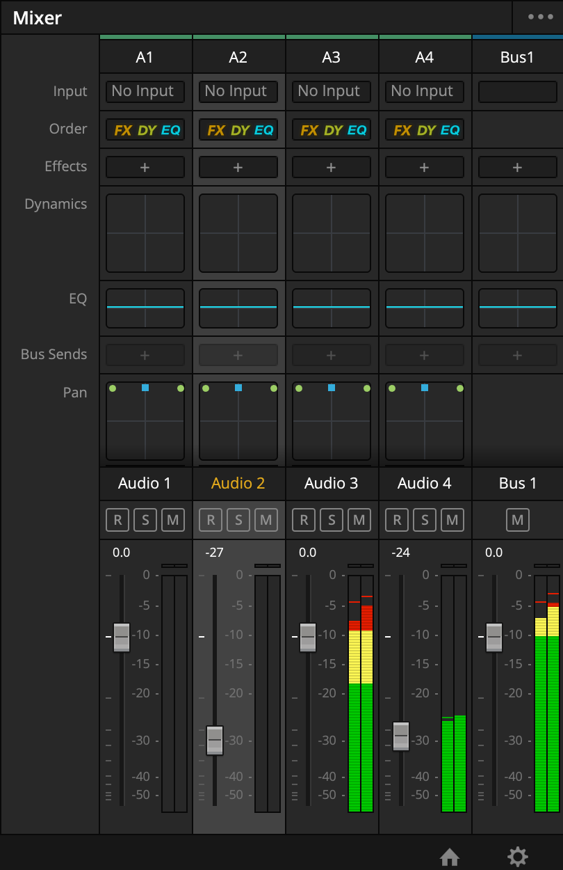 Ilustracja przedstawia okno zatytułowane Mixer. Znajdują się w nim pionowe ścieżki audio, z których zaznaczona jest ścieżka druga. 