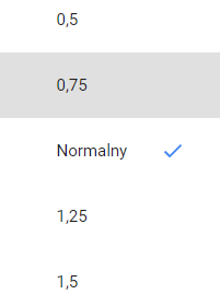 Grafika przedstawia panel obsługi lektora. Widoczna jest szybkość odtwarzania. Zaznaczona jest szybkość normalna. Nad nią znajdują się wartości pięć dziesiątych i siedemdziesiąt pięć setnych, a pod nią jeden i dwadzieścia pięć setnych oraz jeden i pół.