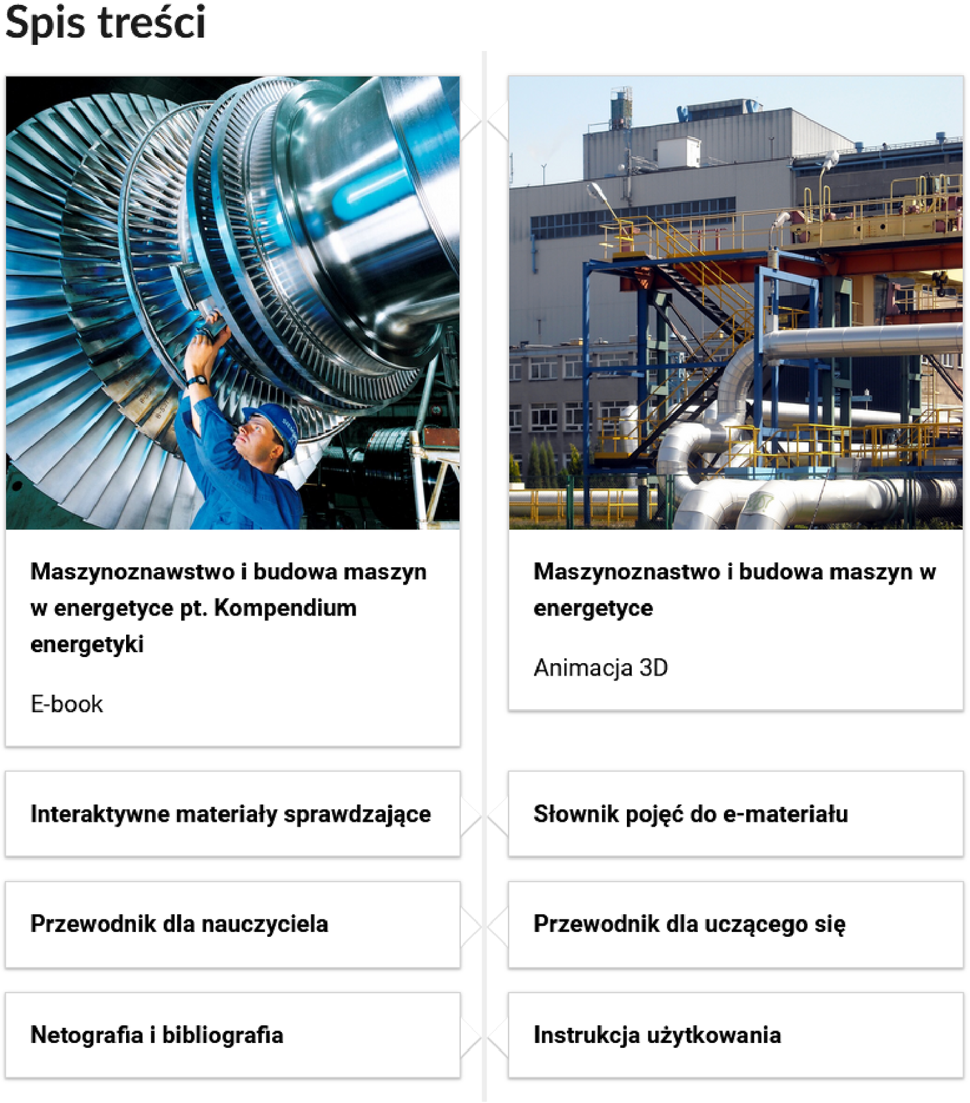 Ilustracja przedstawia kafelki ze spisu treści. Nad kafelkami z tytułami multimediów znajdują się ilustracje.
