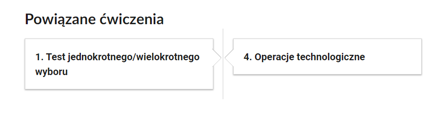 Widok na przykładowe przyciski ćwiczeń powiązanych. W lewej ramce: jeden, test jednokrotnego lub wielokrotnego wyboru. W prawej ramce: cztery, operacje technologiczne.