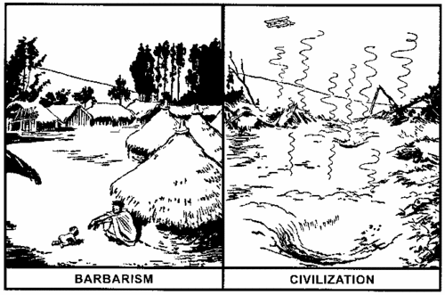 Ilustracja przedstawia dwie sceny z tego samego miejsca. Po lewej ukazana jest spokojna wioska z chatami. Pod chatą siedzi mężczyzna. Pełznie do niego małe dziecko. Scena jest zatytułowana: barbarzyństwo. Druga scena przedstawia tę samą wioskę, która jest kompletnie zniszczona. Leci nad nią samolot. W miejscu chat jest dziura, z której unosi się dym. Scena jest zatytułowana: cywilizacja.