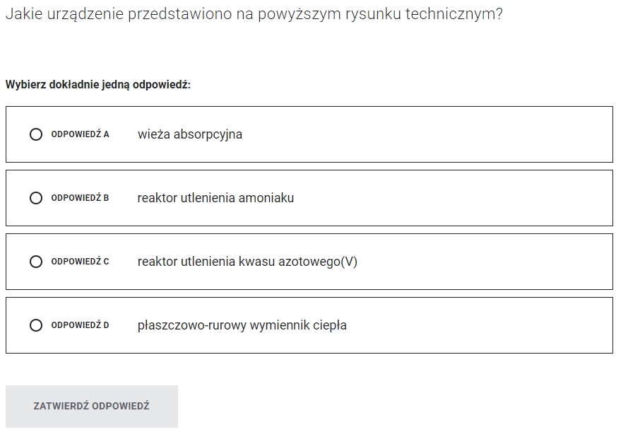 Ilustracja przedstawia cztery możliwe odpowiedzi na pytanie o schemat. Poniżej zamieszczono przycisk: Zatwierdź odpowiedź.