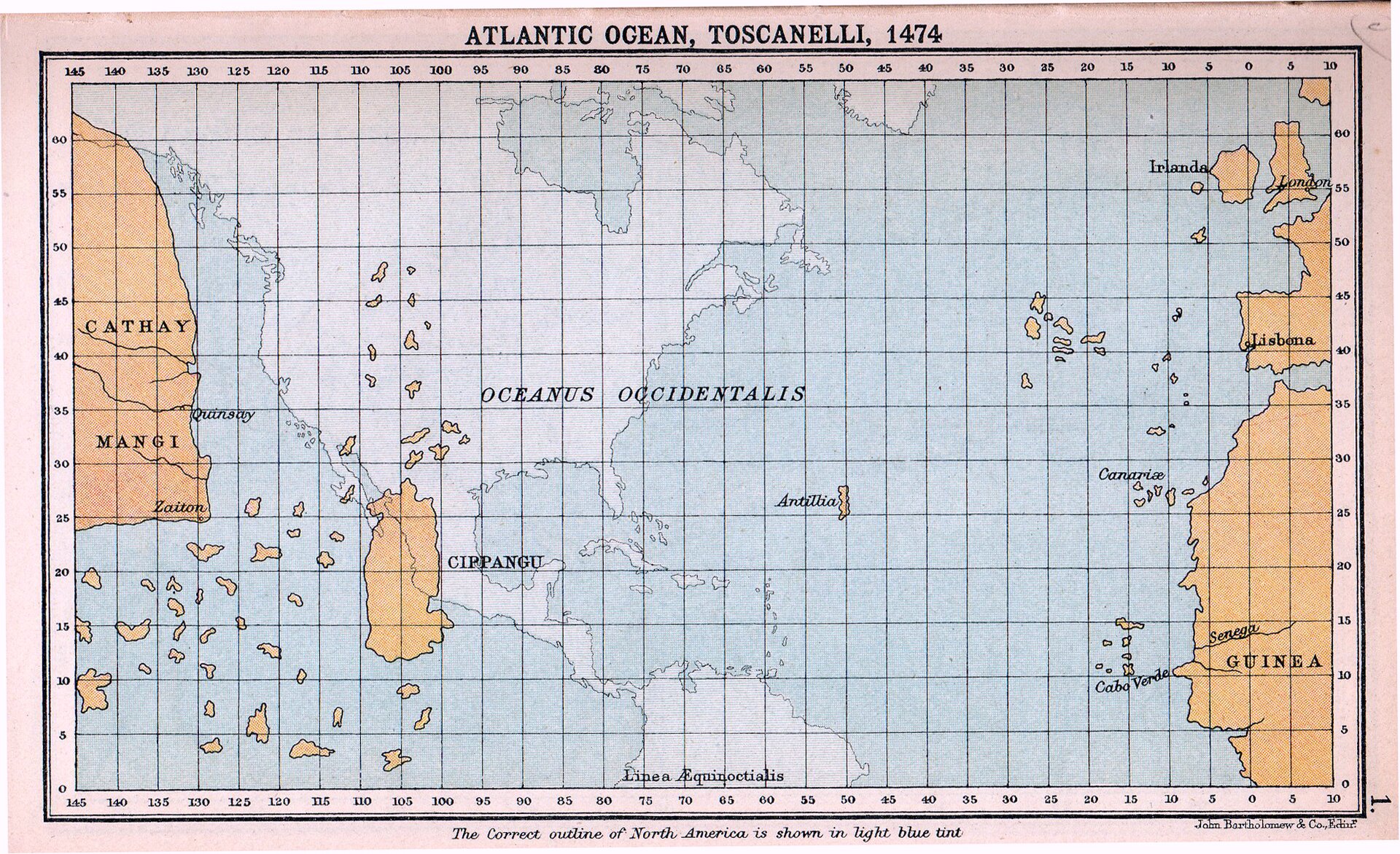 Grafika przedstawia starą mapę, gdzie na głównym planie jest ocean Atlantycki.  Po prawej stronie mapy kolorem brązowym zaznaczone są nazway: Irlanda, London, Lisbona, Canarise, Guinea. Natomiast po lewej stronie mapy kolorem brązowym zaznaczono: Cathay, Mangi oraz Cippangu. Na środku mapy znajduje się zamalowany kolorem białym kontynent Ameryki Południowej i Ameryki Północnej.