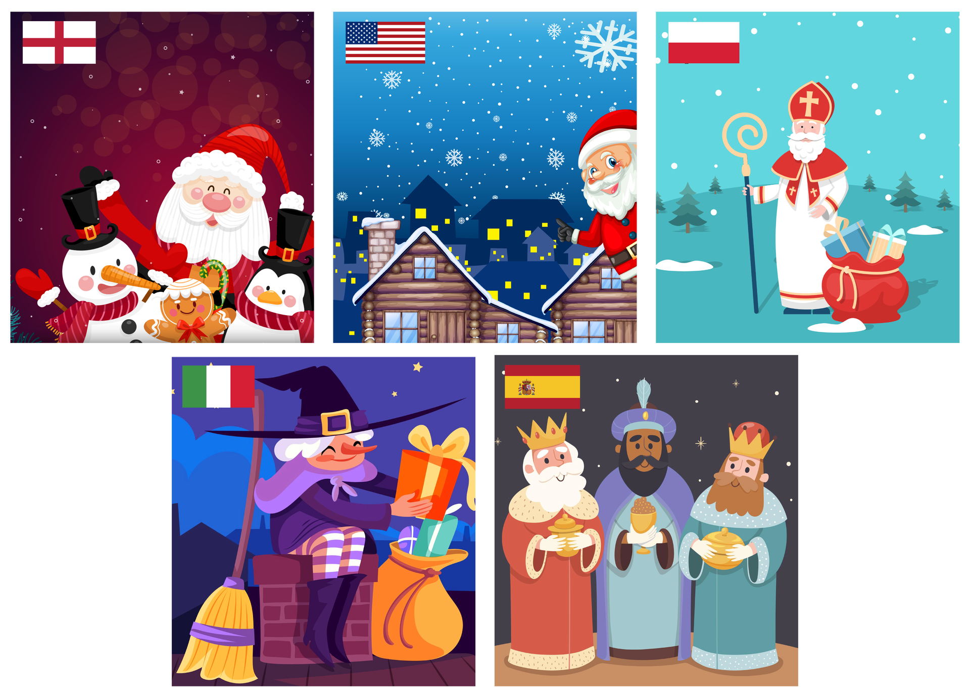 Ilustracja przedstawia pięć obrazków z flagami różnych państw. W lewym górnym rogu pierwszego obrazka znajduje się flaga Anglii. Obrazek przedstawia wesołego Mikołaja z siwą brodą, czerwoną czapką z pomponem, dwoma bałwankami z kapeluszami oraz ludzikiem z ciasteczka machających w stronę odbiorcy. W lewym górnym rogu drugiego obrazka znajduje się flaga Stanów Zjednoczonych. Obrazek przedstawia nocne, zaśnieżone niebo, drewniane domki z ośnieżonymi dachami oraz Świętego Mikołaja wychylającego się z prawej strony obrazka. W lewym górnym rogu trzeciego obrazka znajdują się biało‑czerwona flaga Polski. Obrazek przedstawia niebieską, zaśnieżoną okolicę z małymi choinkami. Na środku polany stoi Święty Mikołaj ubrany w strój biskupa. Obok niego stoi wielki przewiązany sznurem worek, z którego wystają prezenty obwiązane wstążką. W lewym górnym rogu czwartego obrazka znajduje się flaga Włoch. Obrazek przedstawia czarownicę z dużym kapeluszem na głowie i siwymi włosami. Kobieta siedzi na kominie domu. Obok niej widoczna jest miotła oraz worek pełen prezentów. W lewym górnym rogu piątego obrazka znajduje się flaga Hiszpanii. Obrazek przedstawia trzech królów. Pierwszy król ma czerwoną pelerynę z futerkiem, siwe włosy i brodę oraz złotą koronę. Król stojący po środku jest czarnoskóry, ma czarną brodę i turban. Trzeci król ma gęstą, brązową brodę oraz złotą koronę. Królowie trzymają w dłoniach dary.