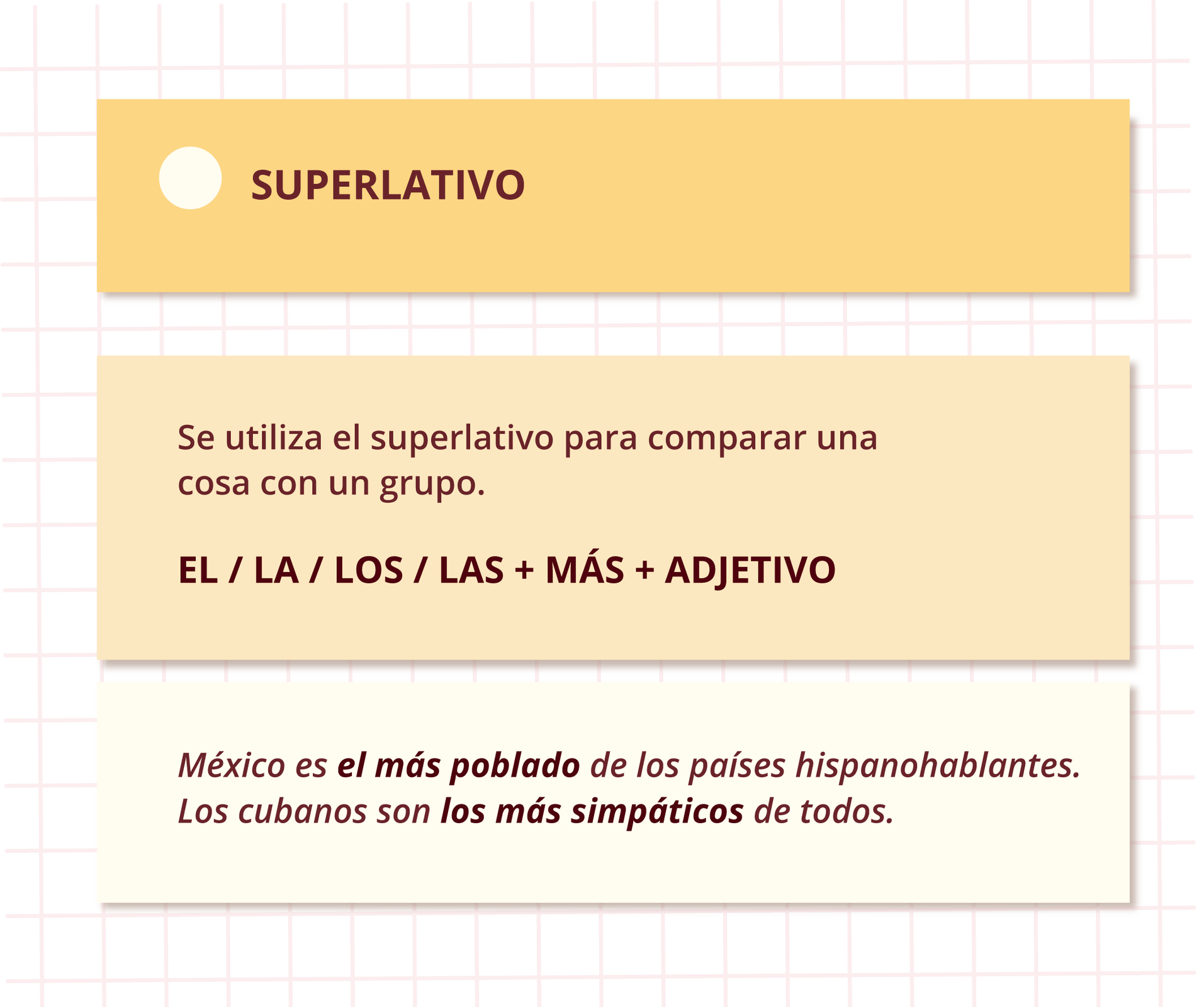 Nagłówek grafiki: SUPERLATIVO  Poniżej:  Se utiliza el superlativo para comparar una cosa con un grupo.EL / LA / LOS / LAS + MÁS + ADJETIVOMéxico es el más poblado de los países hispanohablantes. Los cubanos son los más simpáticos de todos.
