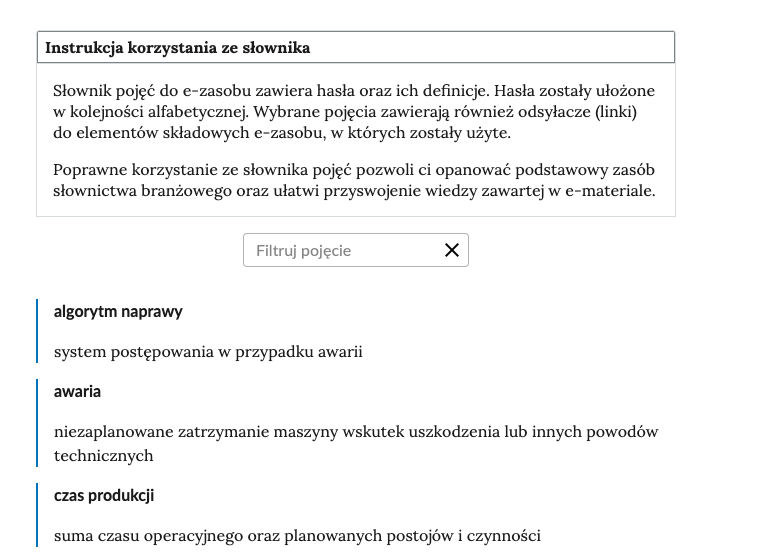 Widok na górną część słownika znajduje się tam otwarta zakładka z instrukcją,  pole do filtrowania haseł słownika oraz kilka pojęć wraz z definicjami.