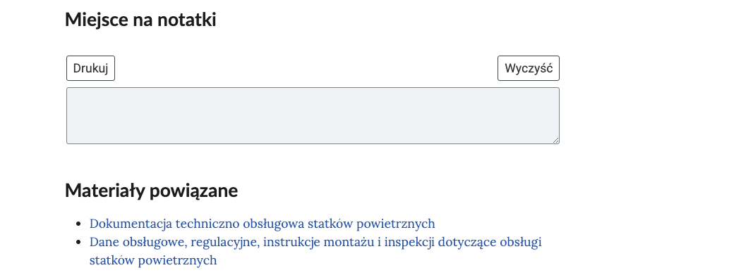 Zrzut ekranu przedstawia miejsce na notatki i materiały powiązane w e‑booku. Jest to puste pole, nad którym znajdują się przyciski drukuj oraz wyczyść. Poniżej znajdują się odnośniki do materiałów powiązanych.