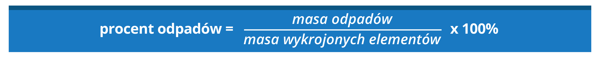 Grafika przedstawia następujący wzór: procent odpadów równa się masa odpadów na masę wykrojonych elementów razy 100%.