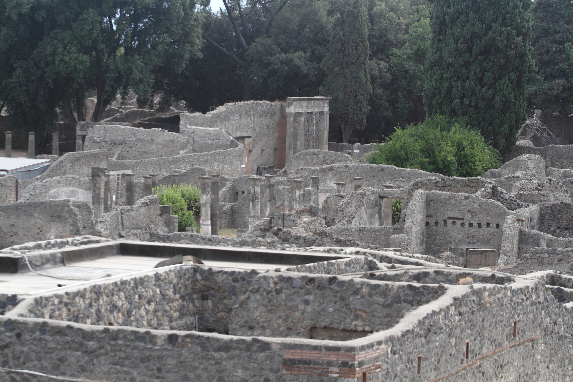 Fotografia nieznanego autora przedstawia widok na zrujnowane miasto - Pompeje.  Ściany ruin budynków zbudowane są z szarej cegły. W tle widoczne są wysokie drzewa. 