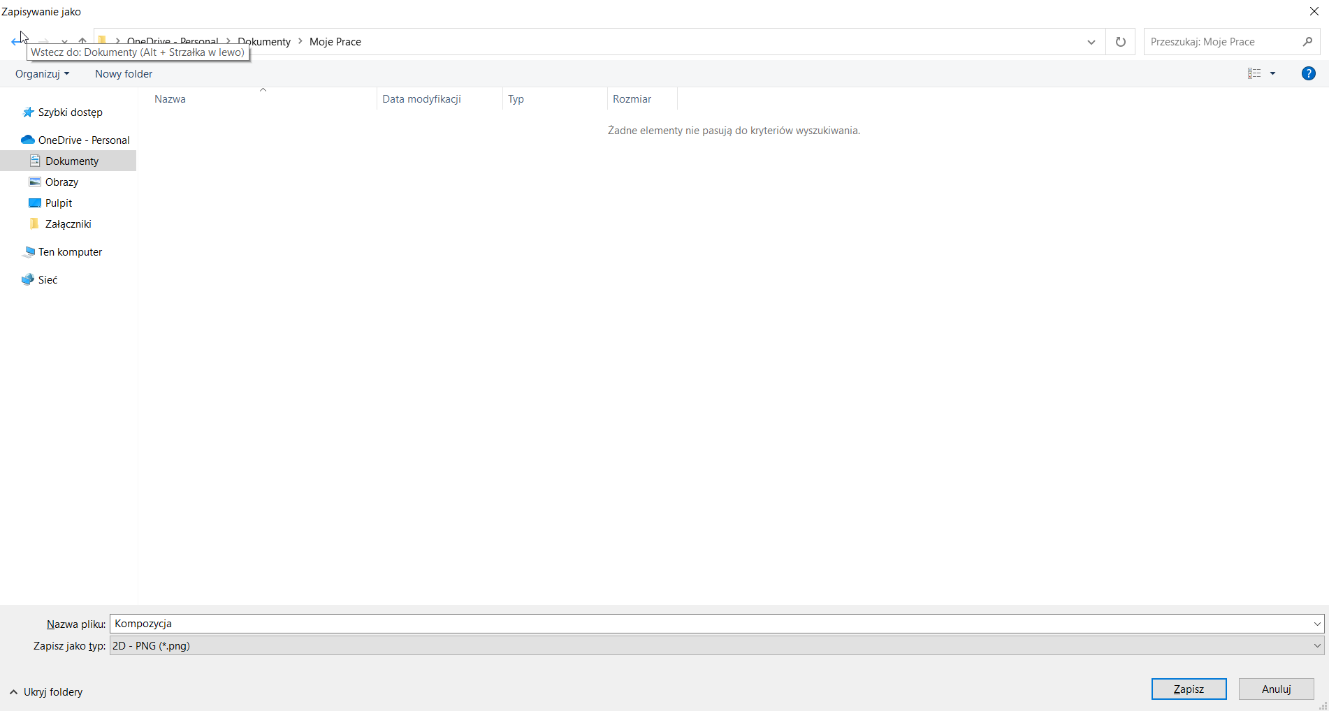 Ilustracja przedstawia okno Zapisywanie w systemie Windows. Wybrano odpowiedni folder, w którym zapisany zostanie rysunek. Jest to folder "Dokumenty". W polu Nazwa pliku wpisano "Kompozycja". W polu poniżej wybrano odpowiedni typ pliku: 2D - PNG (*.png)