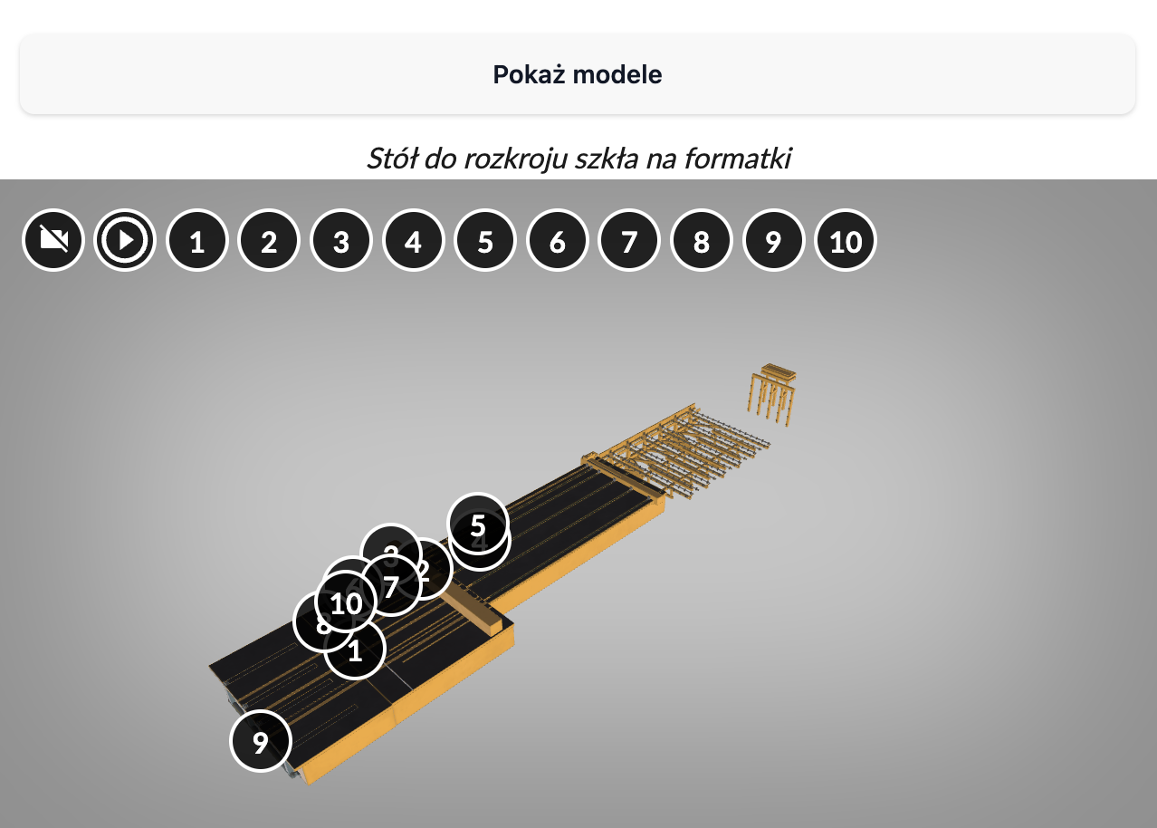 Model 3D przedstawia stół do rozkroju szkła na formatki wraz z punktami interaktywnymi, pod którymi kryją się dodatkowe treści. 