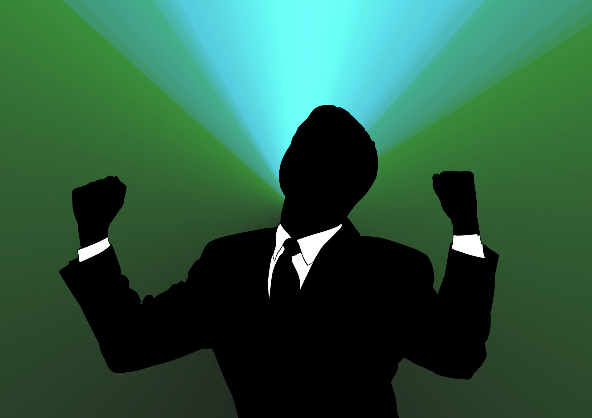 Ilustracja przedstawia mężczyznę w garniturze z uniesionymi rękami. Ma zaciśnięte pięści. Z głowy mężczyzny wydobywa się niebieska poświata.