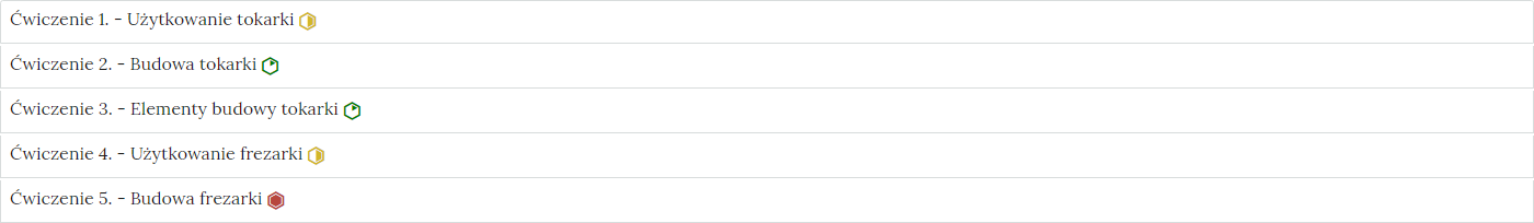 Zdjęcie przedstawia przykładowy wygląd zakładek zawierających interaktywne materiały sprawdzające. Składają się one z prostokątnych paneli umieszczonych jeden pod drugim. Każdy panel posiada numer oraz tytuł, który nawiązuje do zawartego w nim zadania wraz z poziomem trudności, na przykład: ćwiczenie pierwsze myślnik obsługa tokarki, poziom średni.