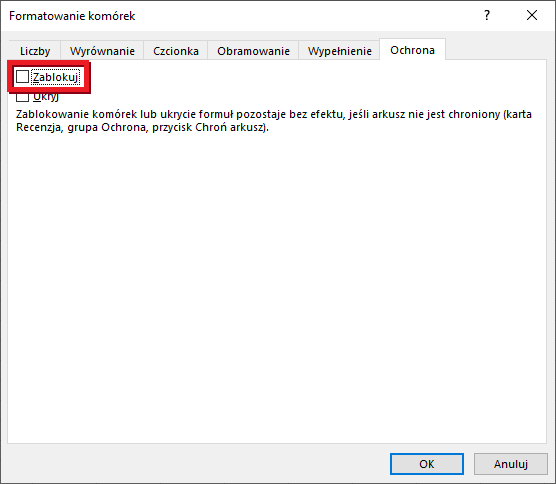 Ilustracja przedstawia okno o nazwie Formatowanie komórek. Wybrano zakładkę Ochrona, a następnie zaznaczono Zablokuj. Zastosowano przycisk OK.  