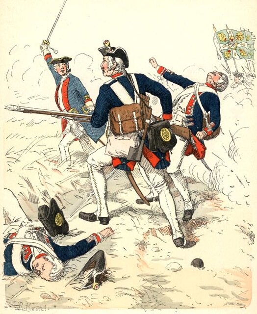 Rysunek przedstawia oddziały pruskie podczas ataku na siły przeciwnika. Dowódca trzyma szablę uniesioną w górę i daje znak do ataku. Jeden z żołnierzy leży martwy, drugi właśnie zostaje trafiony kulą przeciwnika, a trzeci rusza na przód. W oddali w kłębach dymu widać pruskie sztandary i resztę wojsk. 