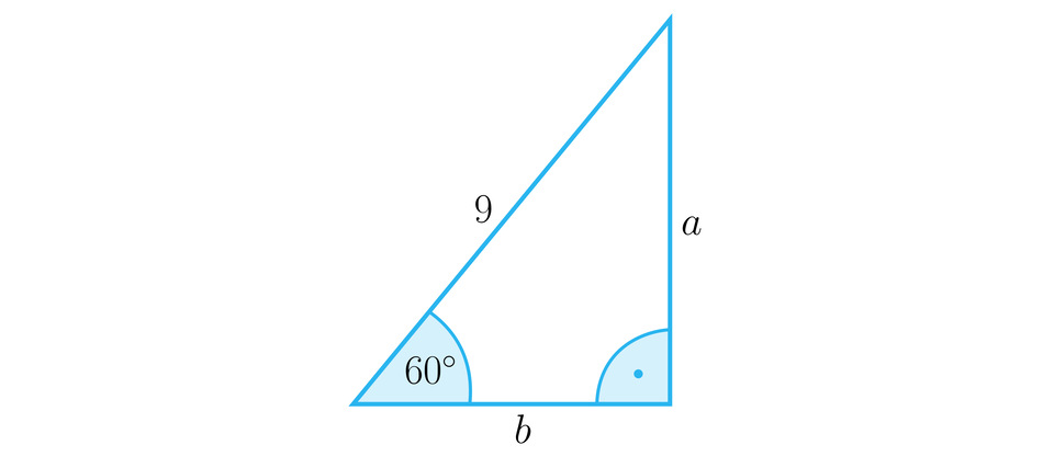 Grafika przedstawia trójkąt prostokątny. Pionowa przyprostokątna jest oznaczona literą a. Pozioma przyprostokątna jest oznaczona literą b. Przeciwprostokątna ma długość dziewięć. Kąt między poziomą przyprostokątną a przeciwprostokątną ma 60 stopni.