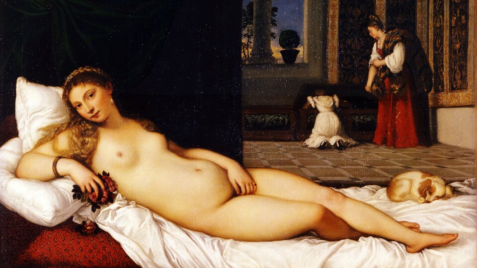 Ilustracja przedstawia obraz Tycjana „Wenus z Urbino”. Na obrazie znajduje się kobieta. Jest nią leżąca na łożu, naga Wenus. Wenus leży na białej pościeli. W dłoni trzyma czerwony kwiat. Na skraju łóżka leży pies. W oddali znajdują się dwie kobiety. Jedna ubrana jest w jasną suknię. Druga ma na sobie czerwoną suknię. 