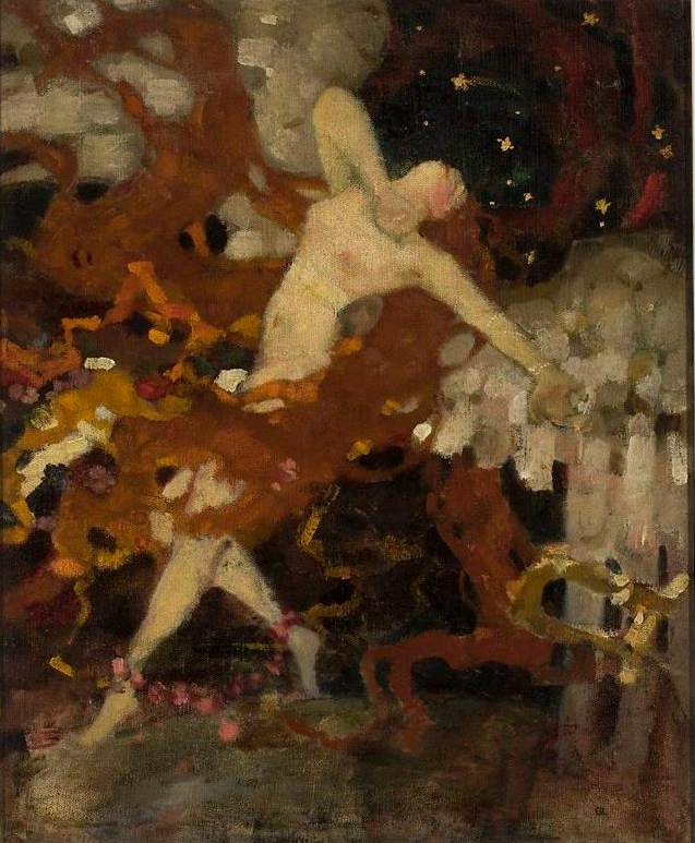 Obraz przedstawia młodą, nagą kobietę. Jest ona odwrócona lewym profilem do widza. Stoi, odchylając się do tyłu. Lewą rękę ma wyciągniętą w bok. Prawą rękę ma zgiętą, a dłoń trzyma przy swojej szyi. Kobieta ma długie, kasztanowe włosy, które oplatają jej ciało. Tło obrazu jest rozmyte.  