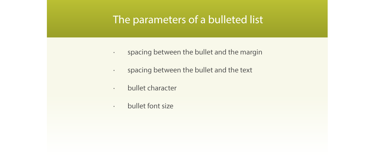 Ilustracja przedstawia wypisane parametry listy wypunktowanej: The parameters of a bulleted list: spacing between the bullet and the margin, spacing between the bullet and the text, bullet character, bullet font size.