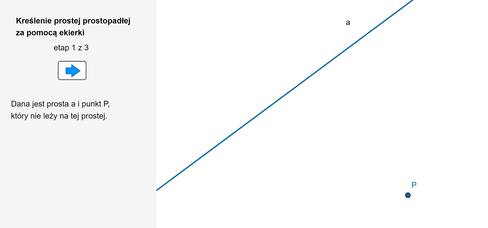 Aplet pokazuje kreślenie prostej prostopadłej przy pomocy ekierki. Dane są prosta a i punkt P, który nie leży na tej prostej. Należy przyłożyć do prostej ekierkę jednym z ramion leżących przy kącie prostym. Następnie narysować prostą prostopadłą do danej prostej przechodzącą przez punkt P.