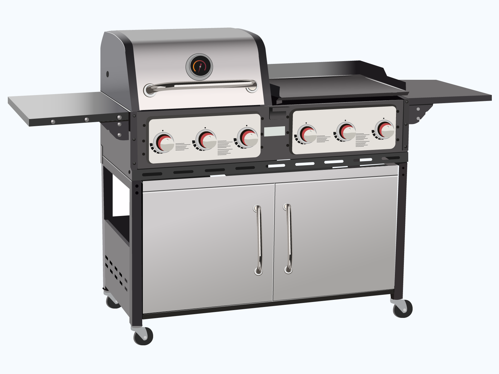 Ilustracja przedstawia ustawiony na czterech ruchomych kółkach grill. W dolnej części urządzenia zamontowano dwie jasnego koloru maskownice pełniące funkcję drzwiczek. Na nich wykonane ze stali uchwyty. Powyżej znajduje się sześć pokręteł do regulacji temperatury. Nad nimi po lewej znajduje się miejsce do smażenia z ruchomą pokrywka, na której znajduje się manometr wskazujący temperaturę. Po prawej stalowy blat roboczy do smażenia. Po skrajnych dwóch bokach przymocowano blaty robocze w kolorze ciemnym. 