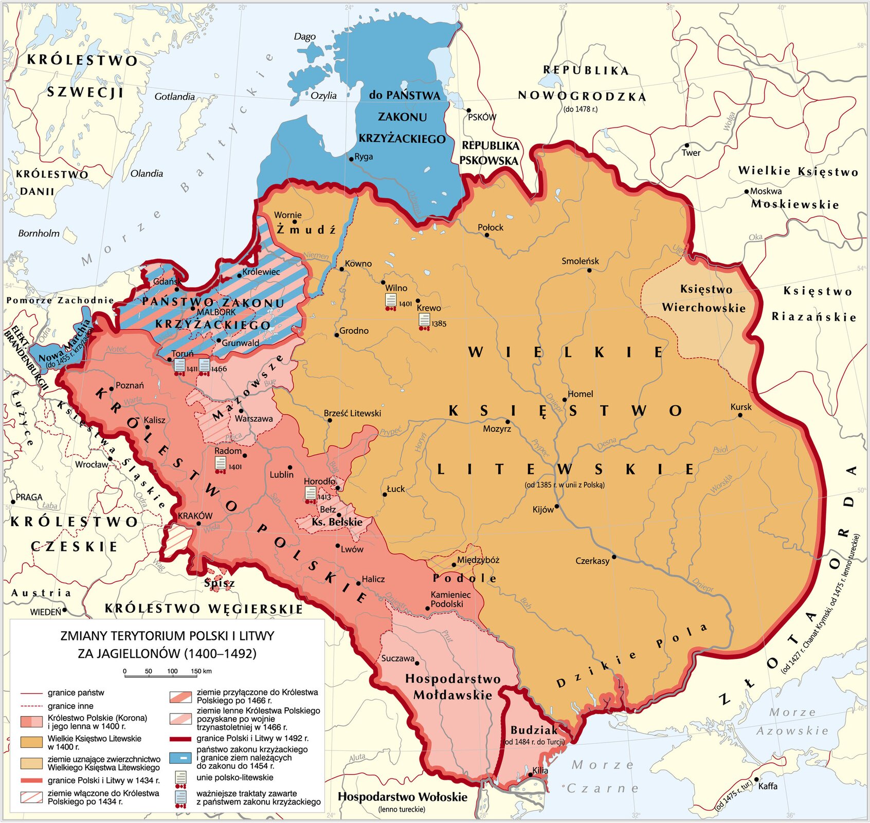 Grafika mapy przedstawiającej zmiany terytorium Polski i Litwy za Jagiellonów (1400-1492).  Na mapie zaznaczone m.in. miejsca zawarcia unii polsko-litewskich, np. Krewo, Horodło, Wilno. Uzupełnienie stanowią informacje zawarte w Task 1.