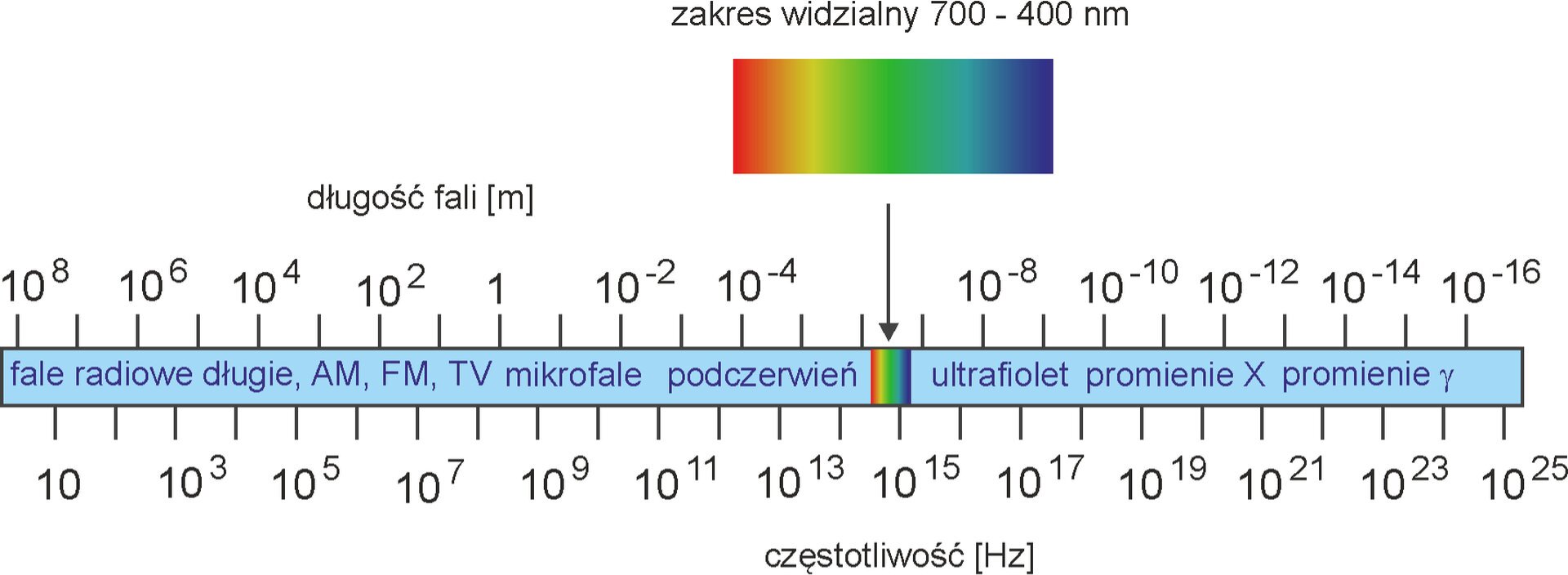 Rys. a. Ilustracja przedstawia widmo fal elektromagnetycznych, na którym szerokość zakresu światła widzialnego jest znacznie powiększona dla jasności rysunku, podpisano ją zakres widzialny od 700 do 400 nanometrów. Są widoczne dwie skale, górna przedstawia długość fali wyrażoną w metrach. Jej wartości rosną od strony prawej, od długości rzędu dziesięć do potęgi minus szesnastej metra w stronę lewą do wartości rzędu dziesięć do potęgi ósmej metra. Fale najkrótsze są typowe dla promieniowania gamma. Fale w granicach dziesięć do minus dwunastej dziesięć do minus dziesiątej to promieniowanie Roentgena. Następnie nadfiolet około dziesięć do minus ósmej, światło widzialne i podczerwień dziesięć do minus czwartej. Mikrofale to fale centymetrowe. Najdłuższe fale to fale radiowe nawet rzędu kilometrów. Druga oś na dole skierowana jest w prawą stronę i wyraża częstotliwość w hercach. Skala rozciąga się od dziesięciu do dziesięć do dwudziestej piątej herca. Wniosek z ilustracji jest jednoznaczny. Fale najkrótsze są najbardziej energetyczne, a co za tym idzie najbardziej niebezpieczne, wręcz groźne. Natomiast fale długie nie są szkodliwe, są wszechobecne w naszym życiu, służą nam na przykład do komunikacji. 