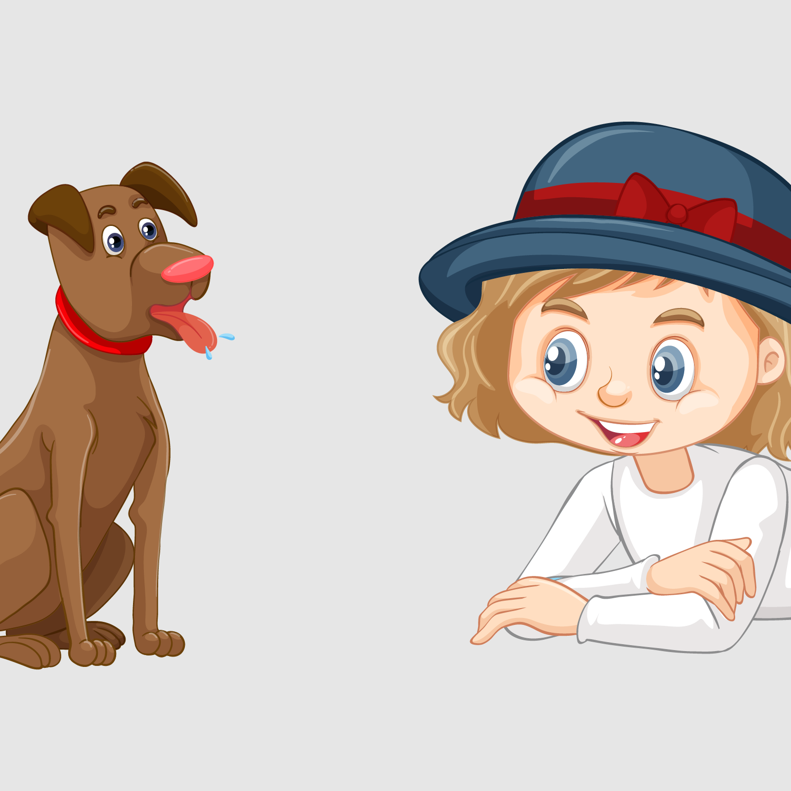 Ilustracja przedstawia dziewczynkę w długich włosach w kapeluszu z czerwoną kokardą. Leży ona przed psem, z założonymi rękami. Pies siedzi przed dziewczynką, wyciągając w jej stronę ośliniony język. 