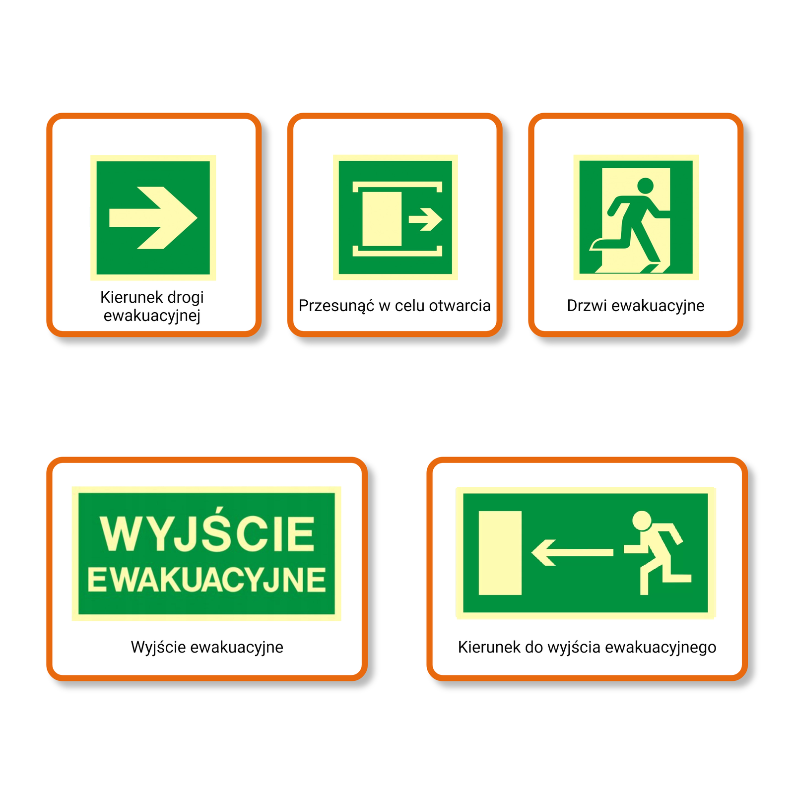 Na grafice znaki ewakuacyjne. Kolejno: kierunek drogi ewakuacyjnej, znak przesunąć w celu otwarcia, drzwi ewakuacyjne, wyjście ewakuacyjne, kierunek do wyjścia ewakuacyjnego.