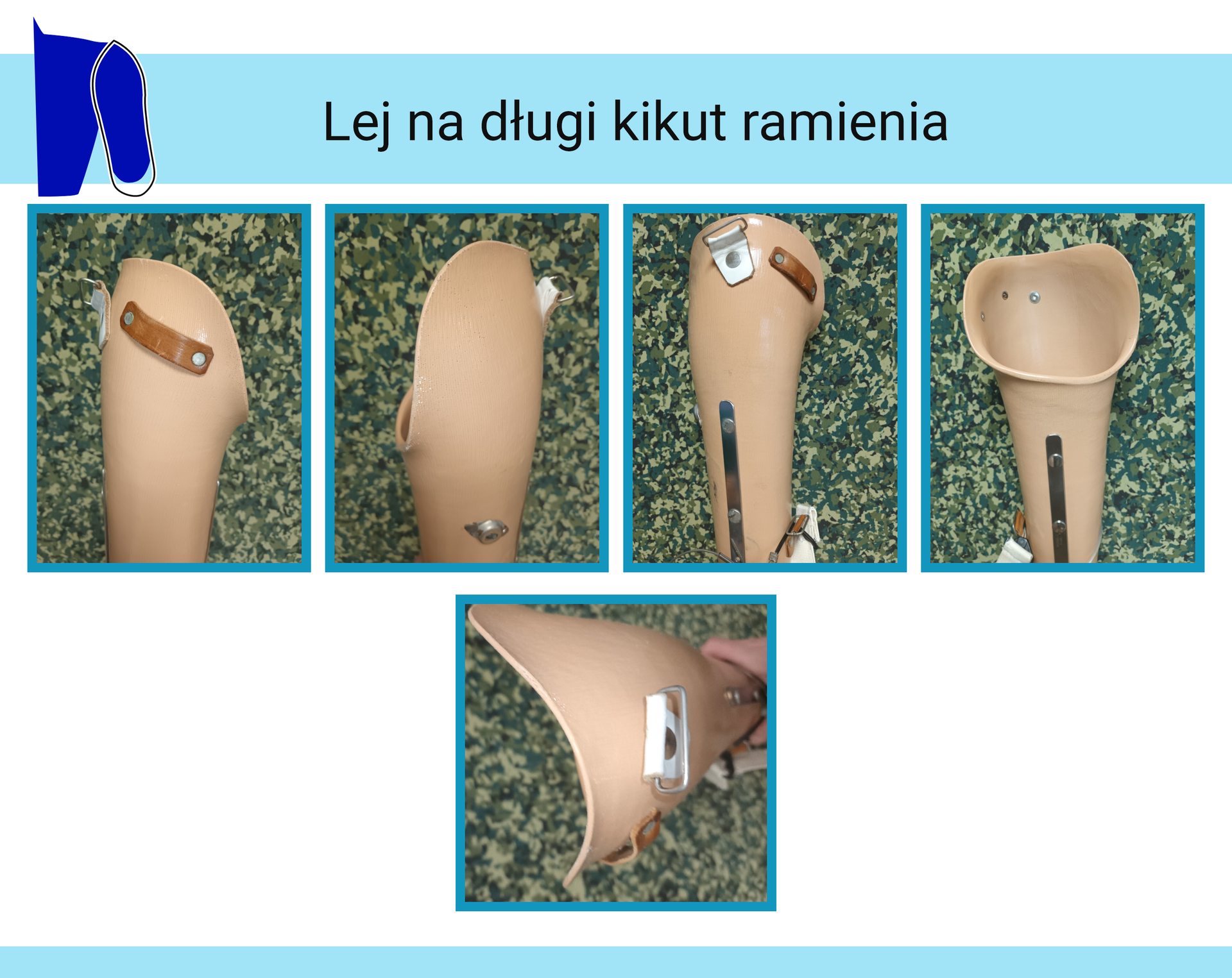 Zdjęcia leja na długi kikut ramienia w widoku z góry, przodu i dwóch boków. Na leju wykonanym z tworzywa sztucznego znajduje się skórzany pasek z klamrą oraz podłużny metalowy element. 
