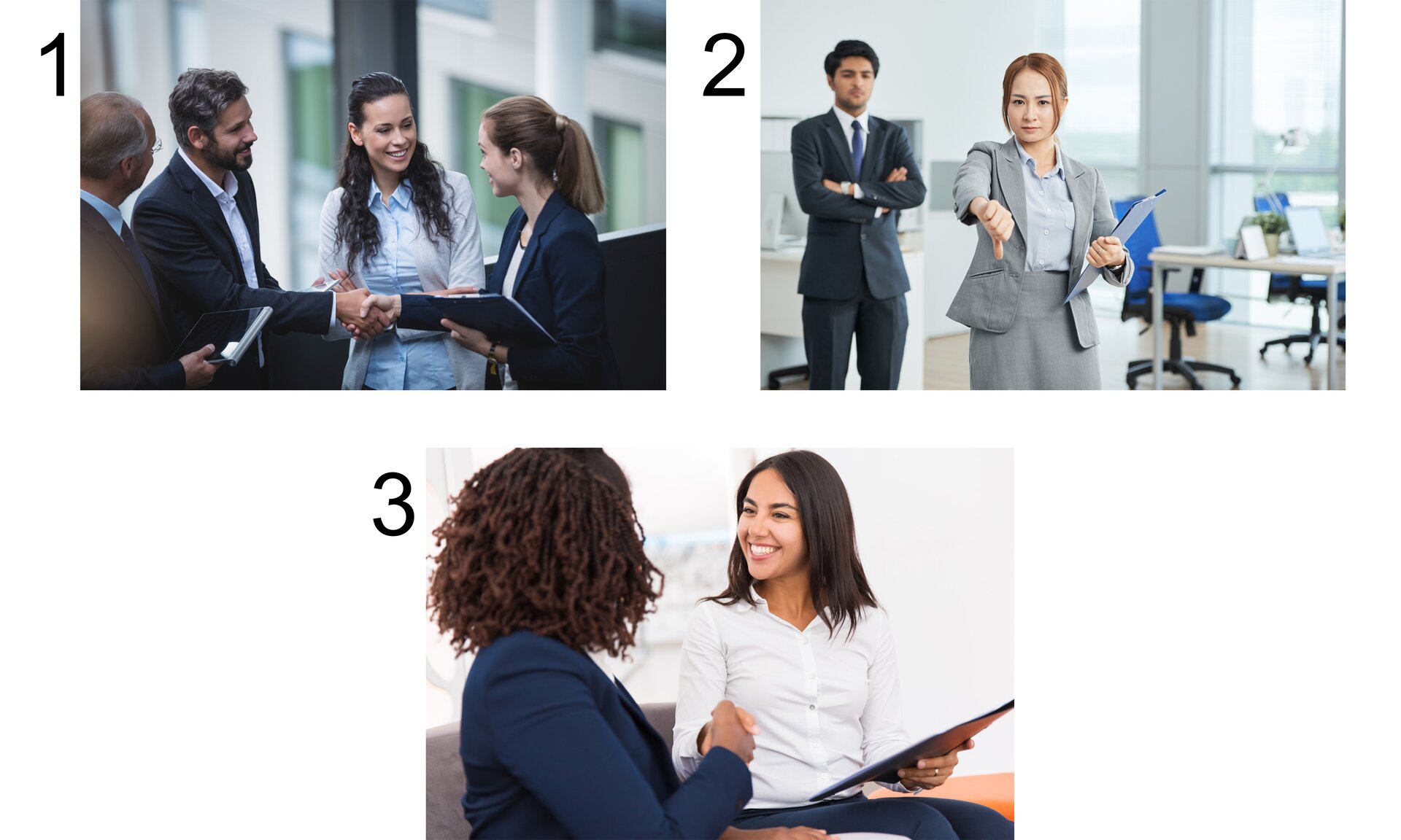 Pierwsza grafika przedstawia cztery osoby. Dwie z nich podają sobie ręce, obok nich stoi kolejna, która ich sobie przedstawia. Druga grafika przedstawia mężczyznę z założonymi rękami i kobietę pokazującą kciuk do dołu. Trzecia grafika przedstawia dwie kobiety podające sobie ręce z uśmiechem.