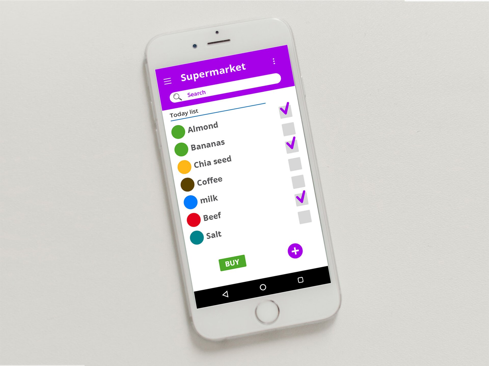 Zdjęcie przedstawia telefon typu smartfon. Na ekranie telefonu widoczna jest lista produktów. W górnej części ekranu widoczny jest napis w języku angielskim Supermarket. Poniżej widoczne jest pole wyszukiwania z lupką i napisem: Search. Poniżej widoczny jest napis: Today list, a pod nim lista produktów spożywczych:Almond, Bananas, Chia seed, Coffee, milk, Beef, Salt. Obok pozycji na liście po lewej stronie widoczne jest kolorowe kółko, a po prawej stronie szary kwadrat. Trzy słowa: Almond, Chia seed, Beefmają w kwadracie zaznaczony fioletowy ptaszek. Na dole ekranu widoczny jest zielony prostokąt ze słowemBUY oraz znak plusa w kółku.