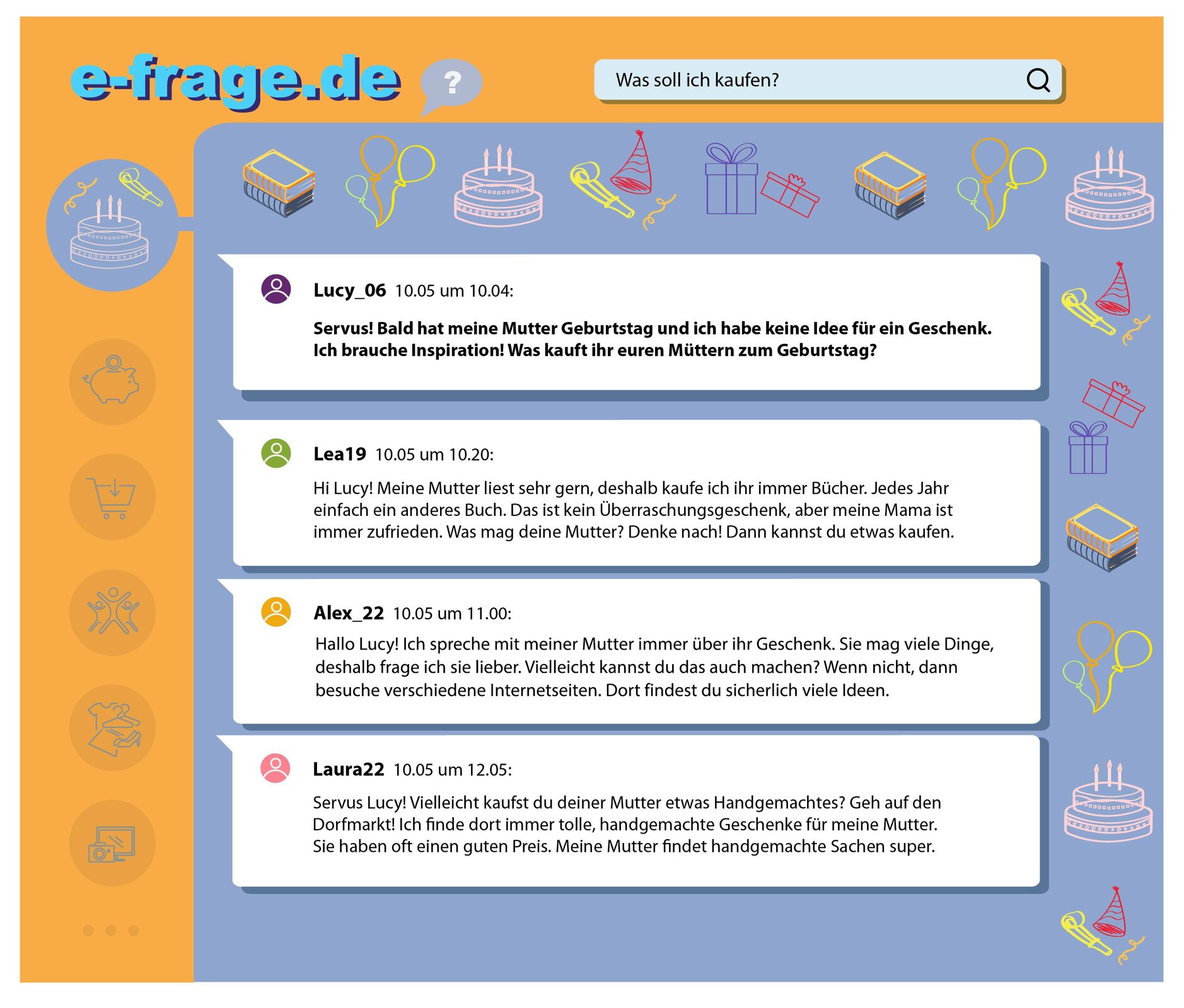 Ilustracja przedstawia fragment rozmowy na czacie. Na niebieskim tle wyróżniono cztery białe pola. Na pierwszym polu znajduje się pytanie, kolejne trzy pola zawierają odpowiedzi/wpisy dotyczące głównego wątku. Niebieskie tło ozdobione jest grafikami kojarzącymi się z urodzinami – tort urodzinowy, czapeczki i tym podobne. Transkrypcja znajduje się poniżej.