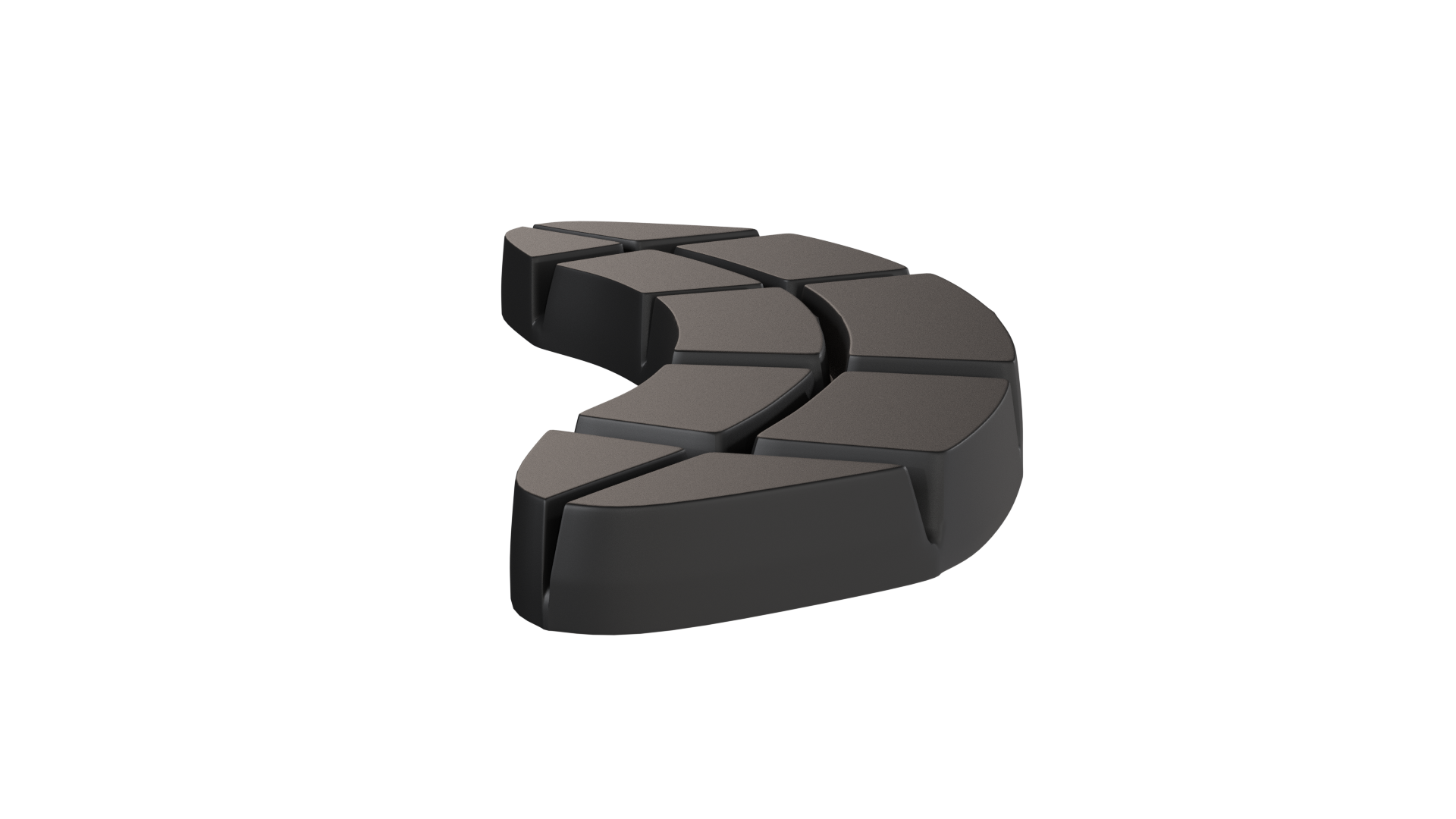 Ilustracja przedstawia okładzinę hamulcową zużytą równomiernie zarówno na promieniu zewnętrznym, jak i wewnętrznym. Takie zużycie oznacza poprawną pracę okładziny hamulcowej, a jej zużycie jest równomierne.