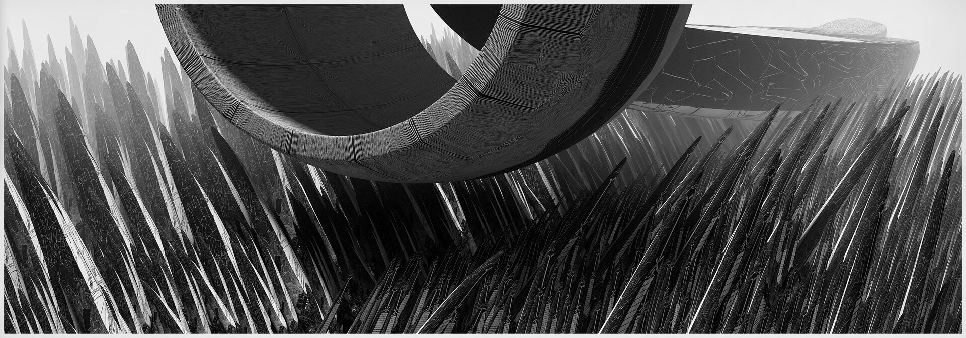 Czarno‑biała ilustracja przedstawia fragmenty dwóch wielkich okręgów na tle falującej trawy. Na pierwszym planie widać pokratkowane wnętrze pierwszego okręgu, za nim leży drugi, nie widać jego wnętrza. Otaczające je trawy chylą się w prawo i lewo. Mają dziwną fakturę, w każdym listku trawy są identyczne rysunki. Trawy z prawej strony mają smukły wieżowiec z anteną, z lewej strony tylko jaśniejsze kanciaste linie, które nie układają się w żadne wzory.