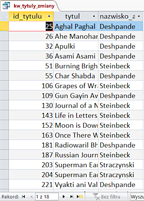 Ilustracja przedstawia zrzut ekranu z programu. Grafika przedstawia tabele zawierającą informację na temat tytułów oraz nazwisk.
