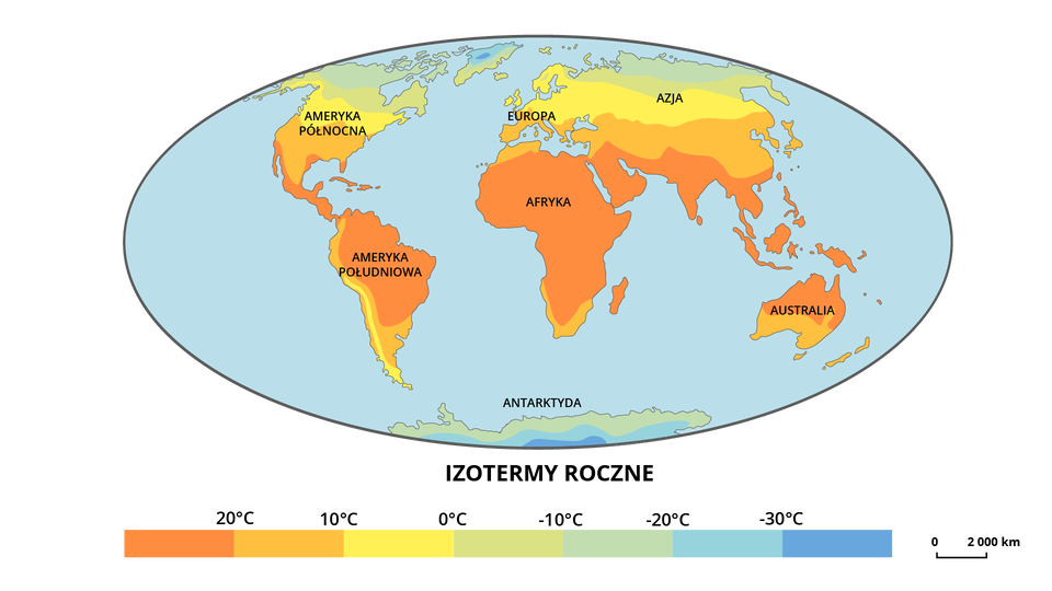 Ilustracja przedstawia kulę ziemską z kontynentami. Na kontynentach kolorami zaznaczono obszary. Na Antarktydzie jest kolor niebieski z odcieniami oznaczający temperaturę od minus 40 do minus 10 stopni Celsjusza. Niską temperaturę zaznaczono także na północy Grenlandii. Niemal cała Afryka z wyjątkiem niewielkiego obszaru na północy i południu, znaczna część Ameryki Południowej, Ameryka Środkowa, południowe obrzeża Stanów Zjednoczonych, południowa Azja, północna połowa Australii to temperatury powyżej 20 stopni Celsjusza. Temperatury od 10 do 20 stopni to głównie południe Australii, niewielki obszar na południu i północy Afryki, Stany Zjednoczone, znaczna część Argentyny, południe Europy, wschód Azji i centralny pas. Niższe temperatury - pomiędzy zero a 10 stopni to pozostała część Europy, południowa i centralna część Kanady, południowa połowa Rosji, pas wzdłuż zachodniego wybrzeża Ameryki Południowej. Północ Ameryki Północ oraz Rosji to temperatury od minus 20 do zera stopni Celsjusza.     