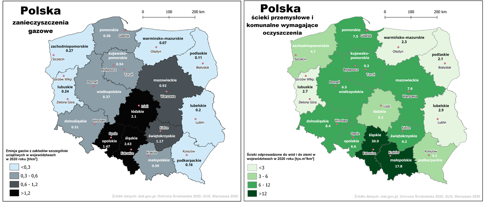 Ilustracja pierwsza przedstawia dwie mapy Polski z podziałem na województwa. Mapa po lewej stronie to mapa przedstawiająca zanieczyszczenia gazowe. Druga mapa informuje o ściekach przemysłowych i komunalnych wymagających oczyszczenia. Na pierwszej mapie powierzchnie województw mają kolor błękitny do czarnego. Nasyceniem kolorów oznaczono emisję gazów w tonach na kilometr kwadratowy (bez dwutlenku węgla) z zakładów szczególnie uciążliwych w poszczególnych województwach w dwa tysiące dwudziestym roku. W każdym województwie opisano wartość zanieczyszczenia. Najciemniejszy kolor jest w województwach śląskim, opolskim i łódzkim. W śląskim zanieczyszczenie jest najwyższe – to 2,63 tony zanieczyszczeń gazowych na jeden kilometr kwadratowy. W opolskim to 1,47 tony zanieczyszczeń gazowych na jeden kilometr kwadratowy, a w łódzkim 2,1 tony zanieczyszczeń gazowych na jeden kilometr kwadratowy. W oznaczonych kolorem ciemnoszarym województwach mazowieckim i świętokrzyskim wartości te wynoszą odpowiednio 1,17 i 0,92 tony na jeden kilometr kwadratowy. Województwa pomorskie, kujawsko‑pomorskie, wielkopolskie, dolnośląskie i małopolskie oznaczono kolorem szarym. W pomorskim to 0,36 tony na jeden kilometr kwadratowy, w kujawsko‑pomorskim – 0,54, w wielkopolskim – 0,37, w dolnośląskim – 0,51, a w małopolskim – 0,59 tony na jeden kilometr kwadratowy. Kolorem błękitnym oznaczono województwa zachodniopomorskie (0,27 tony na kilometr kwadratowy), lubuskie (0,24 tony na kilometr kwadratowy, warmińsko‑mazurskie (0,07 tony na kilometr kwadratowy), podlaskie (0,11 tony na kilometr kwadratowy), lubelskie (0,2 tony na kilometr kwadratowy), podkarpackie (0,16 tony na kilometr kwadratowy). Po lewej stronie mapy na dole w legendzie umieszczono poziomy pasek w kolorach od błękitnego do ciemnoszarego i oznaczono na nim wielkość zanieczyszczenia. Kolor błękitny oznacza niewielką emisję gazów – mniejszą niż 0.3 tony na kilometr kwadratowy, szary – od 0,3 do 0,6 tony na kilometr kwadratowy, ciemnoszary – od 0,6 do 1,2 tony na kilometr kwadratowy, a czarny – najwyższą wielkość, wyższą niż 1,2 tony na kilometr kwadratowy. Ilustracja druga przedstawia mapę Polski z podziałem na województwa. Powierzchnie województw mają kolor od bladozielony do ciemnozielonego. Nasyceniem kolorów oznaczono ilość ścieków przemysłowych i komunalnych odprowadzanych do wód i do ziemi w tysiącach metrów sześciennych na kilometr kwadratowy w poszczególnych województwach w dwa tysiące dwudziestym roku. W każdym województwie opisano wartość. Legenda w lewym dolnym rogu informuje o oznaczeniach kolorów. Kolor ciemnozielony to wartość powyżej 12 tys. metrów sześciennych na kilometr kwadratowy. Kolor zielony to wartość od 6 do 12 tys. metrów sześciennych na kilometr kwadratowy. Kolor jasnozielony to wartość od 3 do 6 tys. metrów sześciennych na kilometr kwadratowy, a bladozielony – mniej niż 3 tys. metrów sześciennych na kilometr kwadratowy. Najciemniejszy zielony jest w województwie śląskim (30,9 tys. metrów sześciennych na kilometr kwadratowy) i małopolskim (17,8). Kolorem zielonym oznaczono województwa pomorskie (7,5 tys. metrów sześciennych na kilometr kwadratowy), kujawsko‑pomorskie (9,3 tys. metrów sześciennych na kilometr kwadratowy), wielkopolskie (6,5 tys. metrów sześciennych na kilometr kwadratowy), dolnośląskie (8,4 tys. metrów sześciennych na kilometr kwadratowy), opolskie (6,6 tys. metrów sześciennych na kilometr kwadratowy), mazowieckie (7,6 tys. metrów sześciennych na kilometr kwadratowy), świętokrzyskie (6,2 tys. metrów sześciennych na kilometr kwadratowy). Kolorem jasnozielonym oznaczono województwa zachodniopomorskie (4,7 tys. metrów sześciennych na kilometr kwadratowy), łódzkie (5,3 tys. metrów sześciennych na kilometr kwadratowy) i podkarpackie (4,1 tys. metrów sześciennych na kilometr kwadratowy). Bladozielone są województwa lubuskie (2,7 tys. metrów sześciennych na kilometr kwadratowy), warmińsko‑mazurskie (2,3 tys. metrów sześciennych na kilometr kwadratowy), podlaskie (2,1 tys. metrów sześciennych na kilometr kwadratowy) i lubelskie (2,9 tys. metrów sześciennych na kilometr kwadratowy). Na obu mapach czerwonymi kropkami zaznaczono miasta wojewódzkie: Szczecin, Gdańsk, Olsztyn, Bydgoszcz, Toruń, Białystok, Gorzów Wielkopolski, Poznań, Warszawa, Zielona Góra, Łódź, Wrocław, Opole, Katowice, Kraków, Kielce, Lublin, Rzeszów. Granice województw oznaczono kolorem czarnym. Białymi literami opisano nazwy województw. Tytuł znajduje się w lewym górnym rogu, podziałka liniowa od 0 do 200 km co 100 km w prawym górnym rogu.
