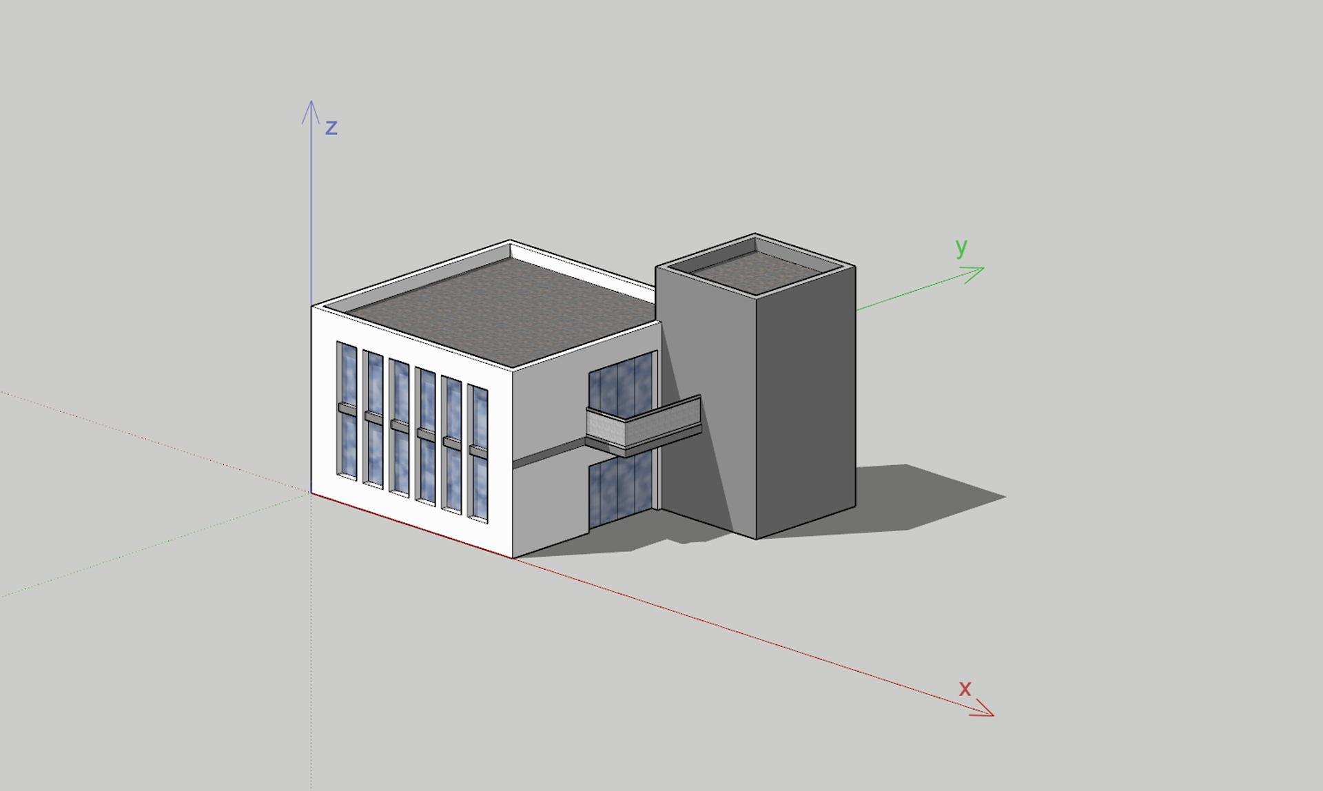 Ilustracja przedstawia komputerowy rysunek przestrzenny, wykonany w rzutach aksonometrycznych, ukazujący budynek złożony z dwóch brył prostopadłościanów. Rysunek został wykonany na podstawie kierunków, wytyczonych przez osie współrzędne. Po lewej znajduje się biały budynek z wysokimi okami i płaskim, szarym dachem. Do niego przystaje wyższy, szary budynek bez okien.