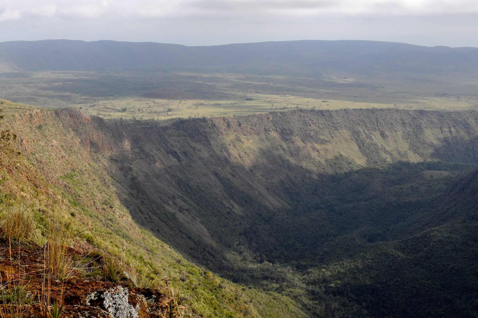 Zdjęcie przedstawia dolinę ryftową we wschodniej Afryce. Na pierwszym planie dolina, dalej uskok. Na dalszym planie rozległa równina, w tle góry. Cały teren porośnięty trawą.