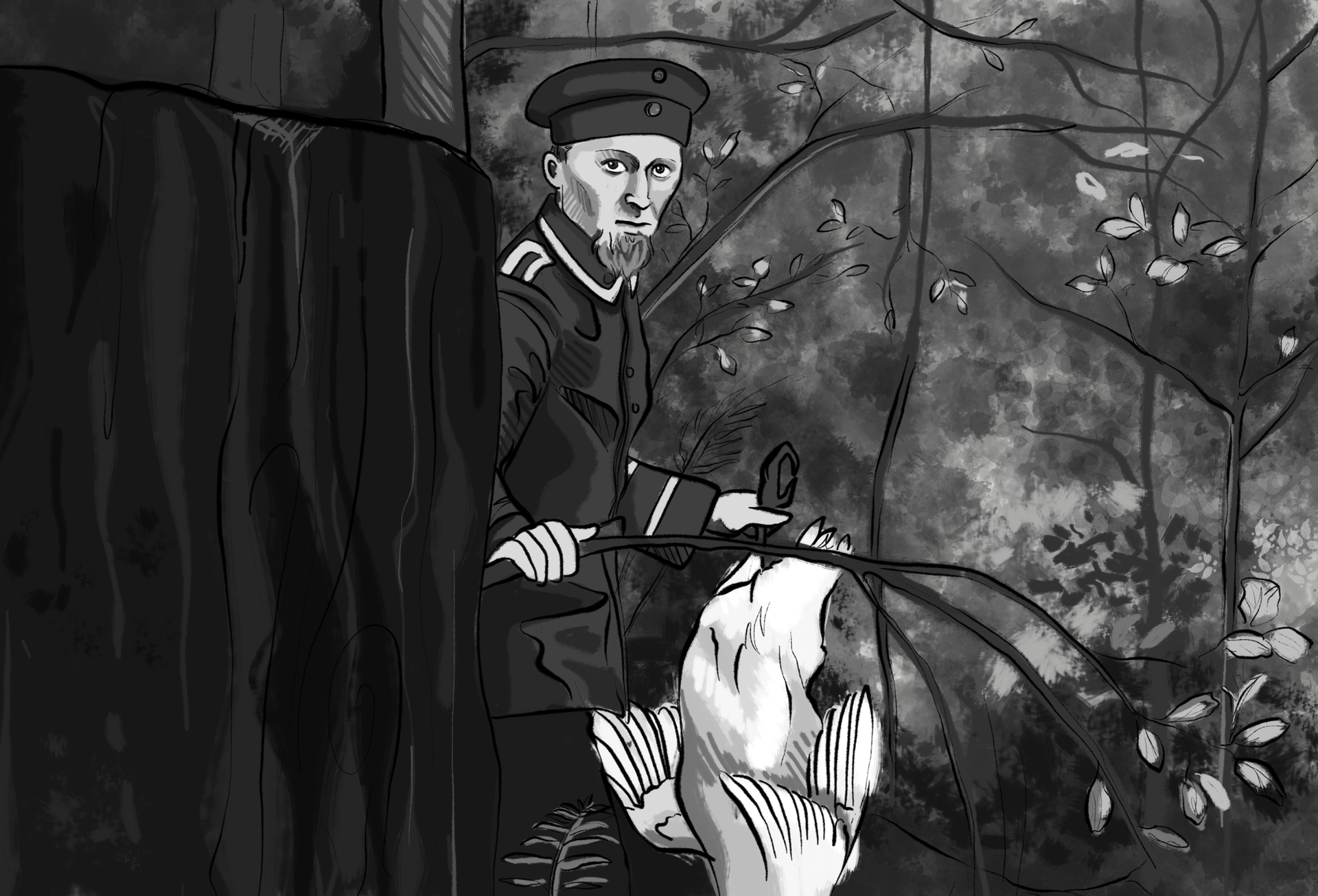 Ilustracja przedstawia szczupłego mężczyznę w mundurze. Mężczyzna trzyma w lewej ręce za łapę martwego, białego ptaka. 