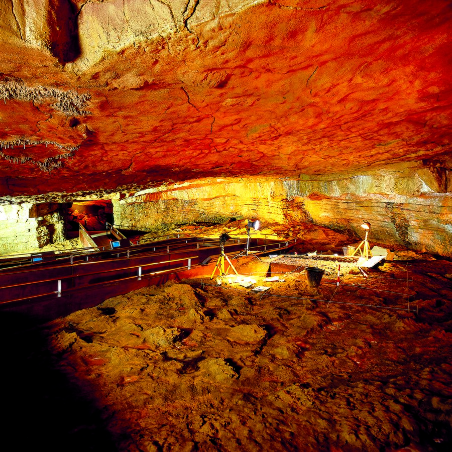 Ilustracja ukazuje wnętrze jaskini w Altamirze. Sufit zawiera wiele malowideł w kolorach czerwieni, ochry oraz żółcieni. We wnętrzu ustawione są lampy oraz wydzielone wejście dla zwiedzających. 