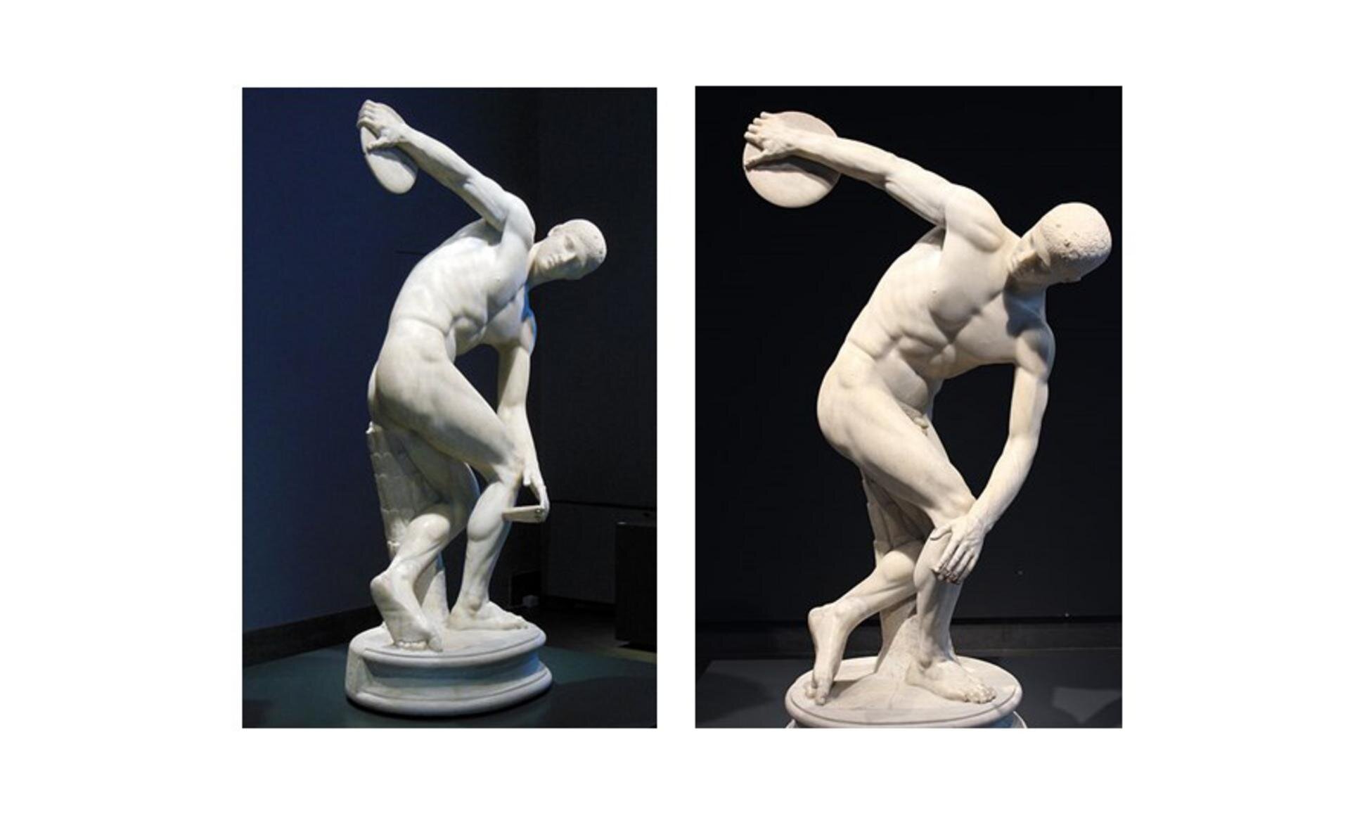 Ilustracja przedstawia dwa ujęcia rzeźby „Dyskobola”, która przedstawia sportowca w momencie rzutu dyskiem. Ramiona są ułożone w taki sposób, że wydaje się jakby tworzyły część okręgu. Głowa pochylona jest ku przodowi, ciało pochylone, mięśnie napięte. Rzeźbę można oglądać z kilku stron, mimo że najefektowniej prezentuje się od frontu. Dyskobol to rzymska, marmurowa kopia wykonana z brązu według oryginału Myrona ok. 450 p.n.e. Znajduje się w Palazzo Massimo alle Termew Rzymie (Włochy).