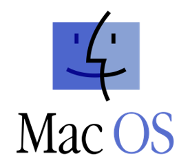 Ilustracja przedstawia logo firmy Mac OS.  Składa się ono z kwadratu w niebieskich odcieniach z narysowaną twarzą.  Poniżej znajduje się napis: Mac OS.