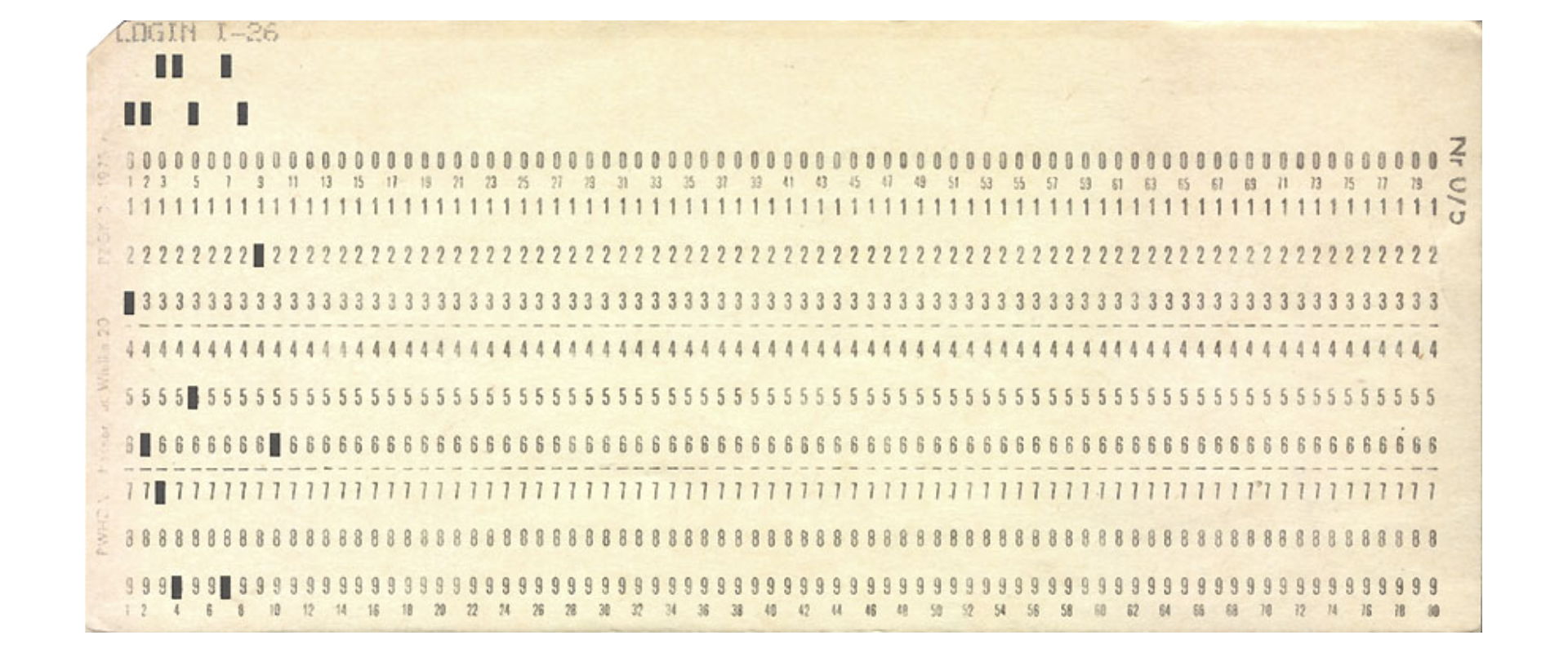 Karta dziurkowana używana do wprowadzania programów do komputerów w dawnym Centrum Informatycznym Politechniki Wrocławskiej. Pożółkła ze starości prostokątna karta, z wydrukowanymi rzędami cyfr od góry 0 1 2 3 4 5 6 7 8 9. Na karcie znajdują się prostokątne dziurki służące do kodowania informacji.