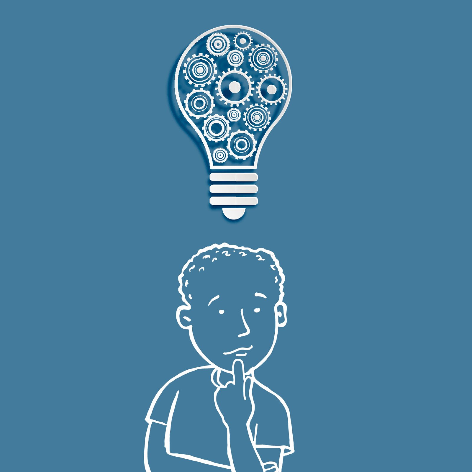 Ilustracja przedstawia skupionego chłopca, nad którego głową widoczna jest żarówka z trybikami w środku. 