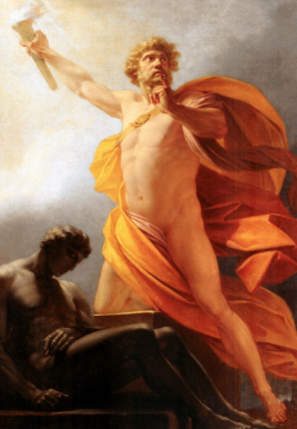 W centrum obrazu przedstawiony jest młody nagi mężczyzna o jasnych włosach i zaroście. Złota szata przesłania jego plecy i część tułowia. W wyciągniętej do góry ręce trzyma pochodnię z płonącym ogniem. U jego stóp, w cieniu, w pozycji półleżącej znajduje się nagi człowiek. Ma pochyloną głowę i zamknięte oczy. Jego ciało jest bezwładne. 