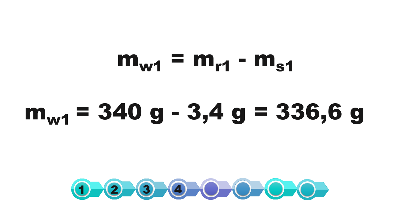 Grafika pokazuje jak obliczamy, ile gramów wody znajduje się w roztworze z treści zadania, którego masa wynosi 340 g, a stężenie 1%. em w1 = em er1 minus em es 1 em w1 = 340 g minus 3,4 g = 336,6 g