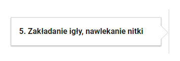 Grafika przedstawia widok na przyciski ćwiczeń powiązanych. W ramce tytuł: 5. Zakładanie igły, nawlekanie nitki.
